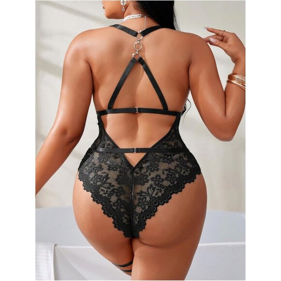 Sensual Plus Size Lace Nightwear - Backless Deep V Neck Bodysuit with Leg Ring - Picture 2 of 5